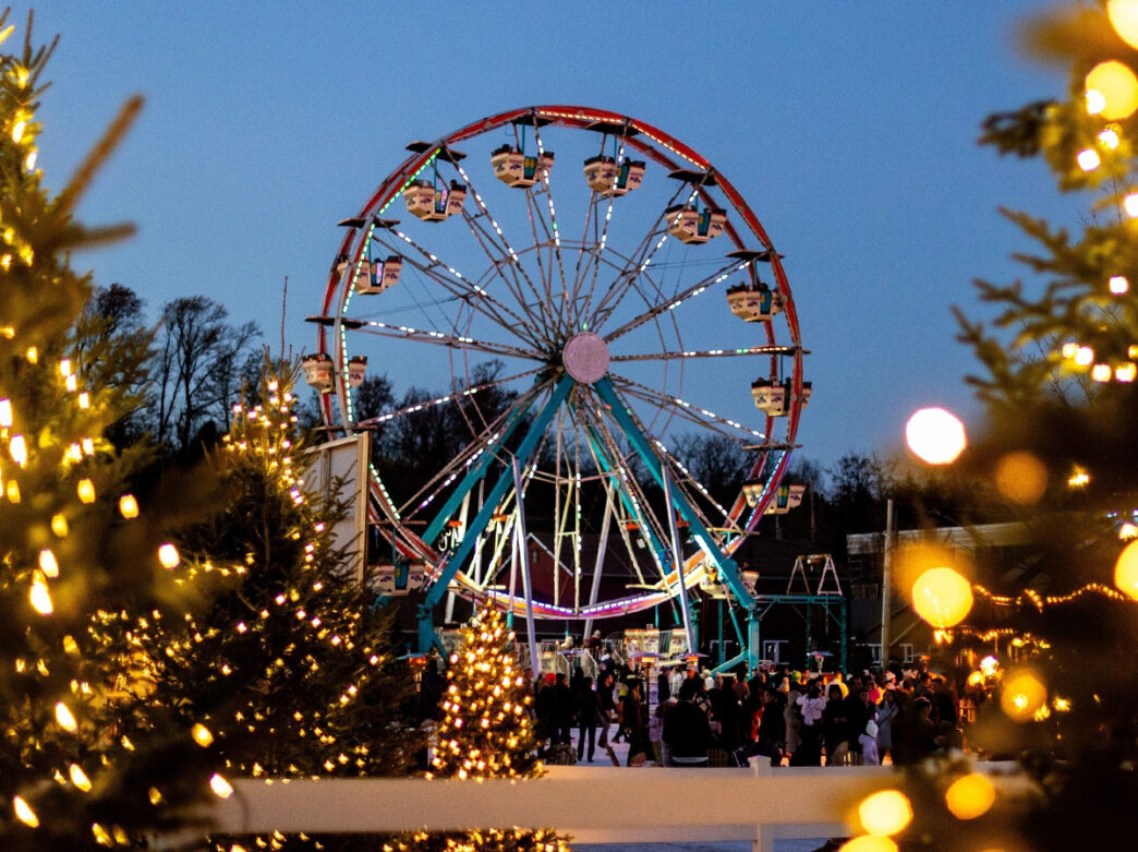 A Ferris wheel is set up in the middle of the Yuletide holiday festival. Christmas trees are decorated with white string lights and people walk around the festival.