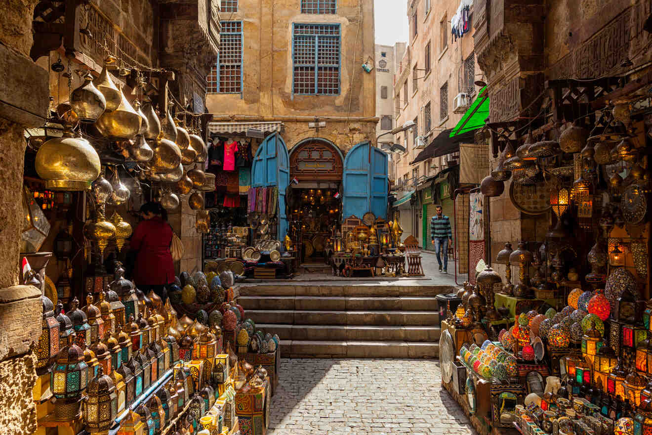 Bustling marketplace with shops selling lanterns and traditional goods in Khan el-Khalili bazaar
