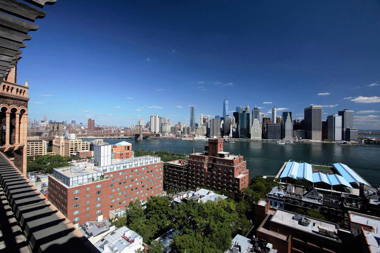 Aerial view of a city skyline with skyscrapers, a river in the foreground, and surrounding buildings under a clear blue sky.