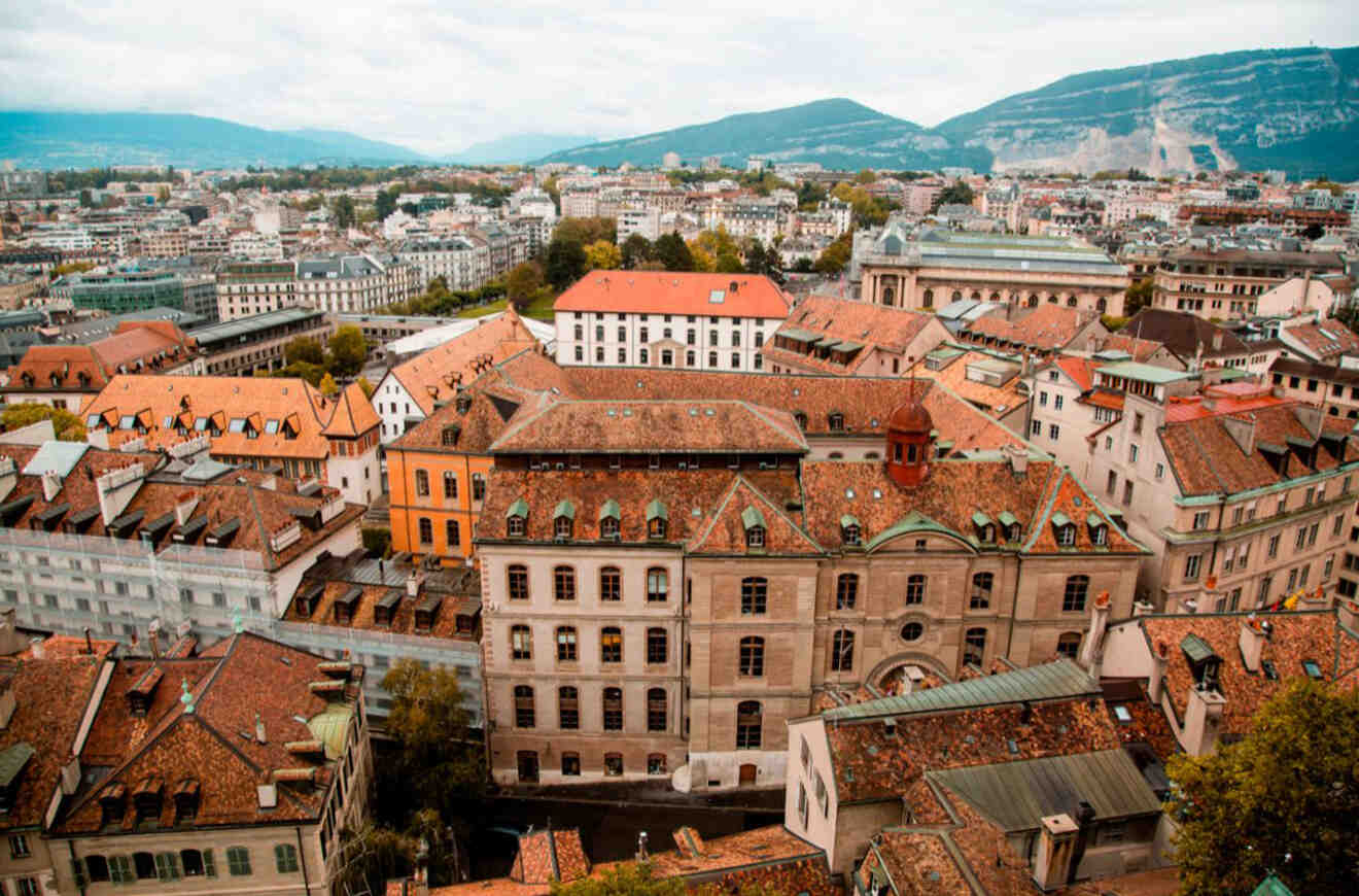 Aerial view of Geneva cityscape, highlighting the red rooftops