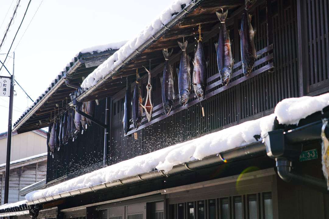 A traditional Japanese house with snow on the roof and salmon hanging beneath it in Murakami City, Niigata Prefecture